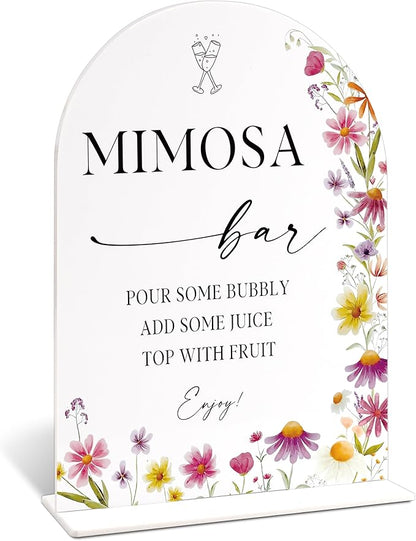 Mimosa Bar Sign for Wedding Table Decor, Wild Flower Arch Acrylic Wedding Signs for Reception, Floral Bridal Shower Engagement Party Decorations for Baby In Bloom Baby Shower