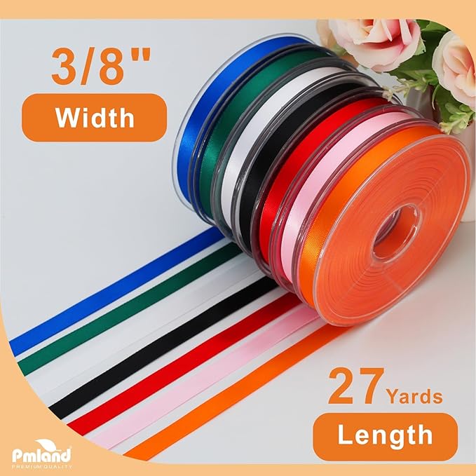 PMLAND Orange Fabric Satin Ribbon 3/8'' Inch x 27 Yards Double Faced Use for Crafts Gift Wrapping Floral Bouquets Ornaments Hair Bows Party Decoration