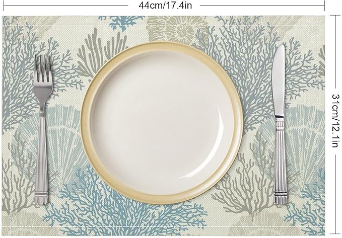 Nautical Beach Placemats Ocean Starfish Seashell Coral Art Printed Dining Table Mats Set of 4 for Restaurant Home Kitchen Holiday Picnic Party Decor 12x18in