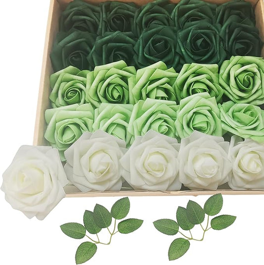 Artificial Fake Flowers 25pcs Roses, Shade of Green Foam Rose Faux Flower for DIY Wedding Bouquets Bridal Shower Centerpieces Floral Arrangements Party Tables Home Decorations