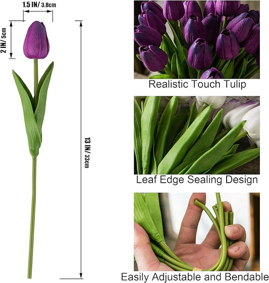 20pcs Purple Artificial Tulip Flowers, Silk Fake Flowers 13" for Mother's Day, Easter, Valentine’s Day Gifts in Bulk, Home, Kitchen, Wedding Decorations