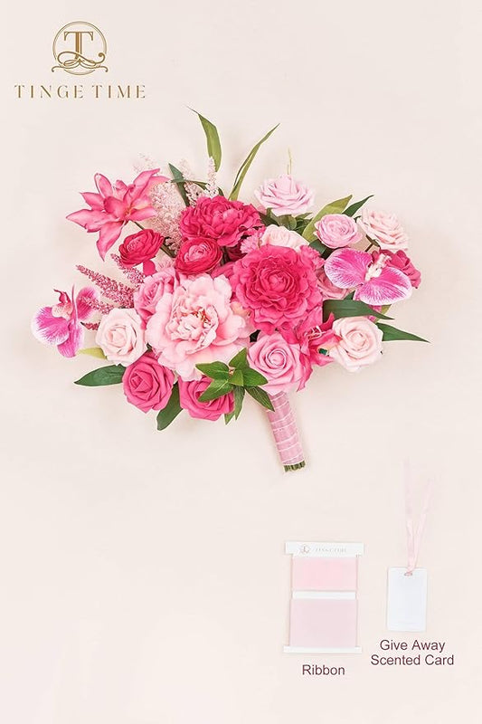 TINGE TIME 11 Inch Wedding Bouquets for Bride，HotPink Artificial Flowers Bouquet， Brides & Bridesmaids Bouquet for Wedding Anniversary Ceremony Bridal Shower Decorations