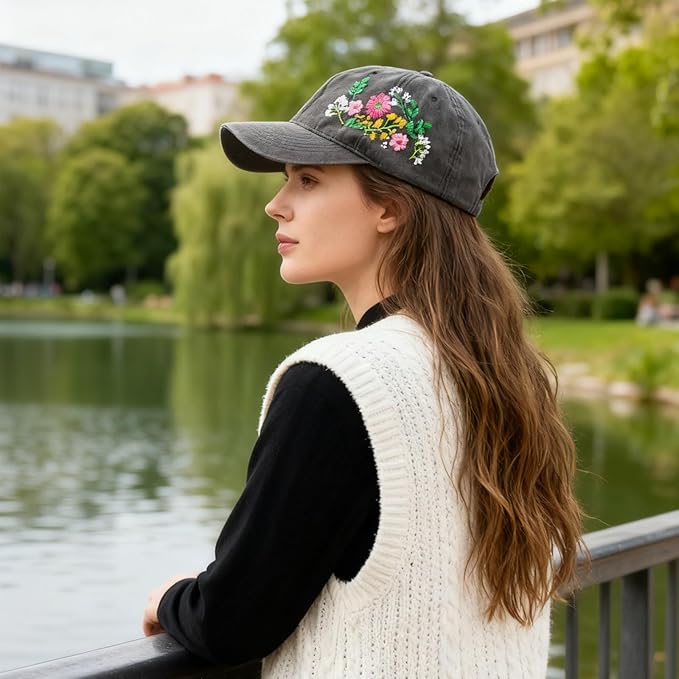 Cute Embroidered Flower Hat, Adjustable Black Cotton Baseball Cap for Women Men, Gifts for Flower Lovers