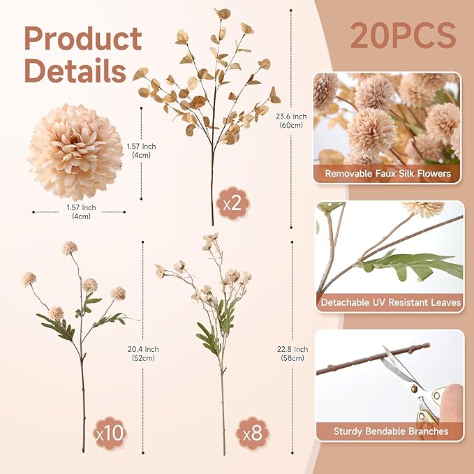 Real-Touch Beige Faux Mums Bouquet, 20 Fake Kiku Stems with Eucalyptus & Wildflowers, Full and Lifelike Artificial Flower Arrangement for Vases, Weddings, Centerpieces & Home Décor (No Vase)