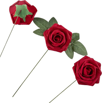 Red Artificial Flower Silk Rose 50pcs Fake Rose with Stems Leaves for Home Decoration Party Garden Centerpieces DIY Wedding Bouquets（Dark Red）