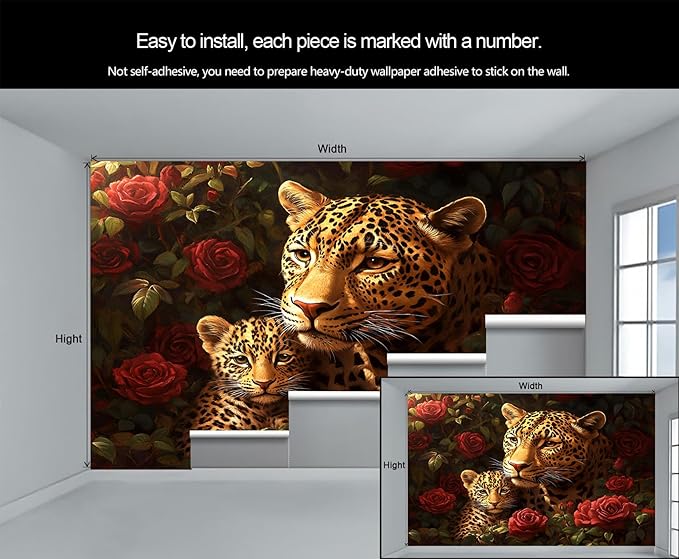 Jungle Rose Leopard Wall Mural, Big Cat Floral 3D Wall Murals, Wild Animal Leopard Wallpaper Mural, for Living Room Bedroom Large Wallpaper Indoor Decor 59" W x39.4 H