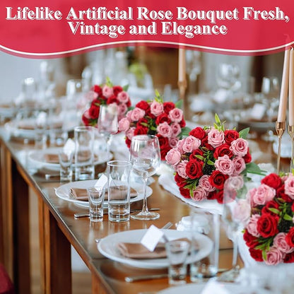 Zeyune 16 Bunches 12 Inch Artificial Mini Rose Bouquet 160 Heads Bridal Flower Bouquets Fake Silk Rose Bulk for Wedding Bridal Shower Christmas Home Office Garden Decoration(Pink and Red)