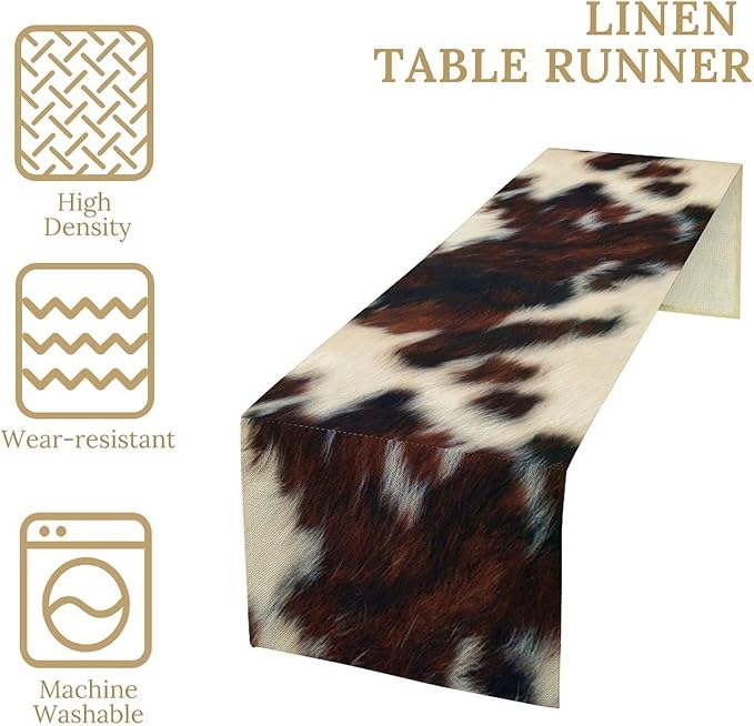 Cow Skin Print Table Runner, Vintage Cottage Country Animal Fur Skin Pattern Western Style Farmhouse Black Brown Cowhide Print Dinner Runner Home Kitchen Dining Table 13x36in