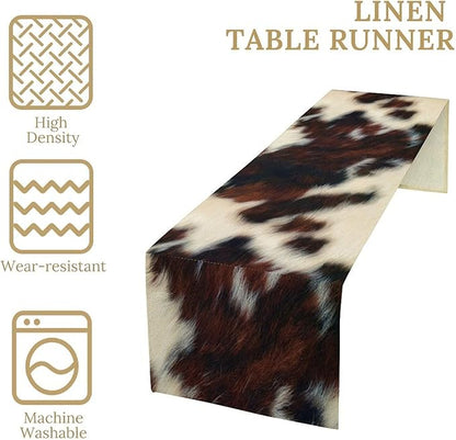 Cow Skin Print Table Runner, Vintage Cottage Country Animal Fur Skin Pattern Western Style Farmhouse Black Brown Cowhide Print Dinner Runner Home Kitchen Dining Table 13x120in