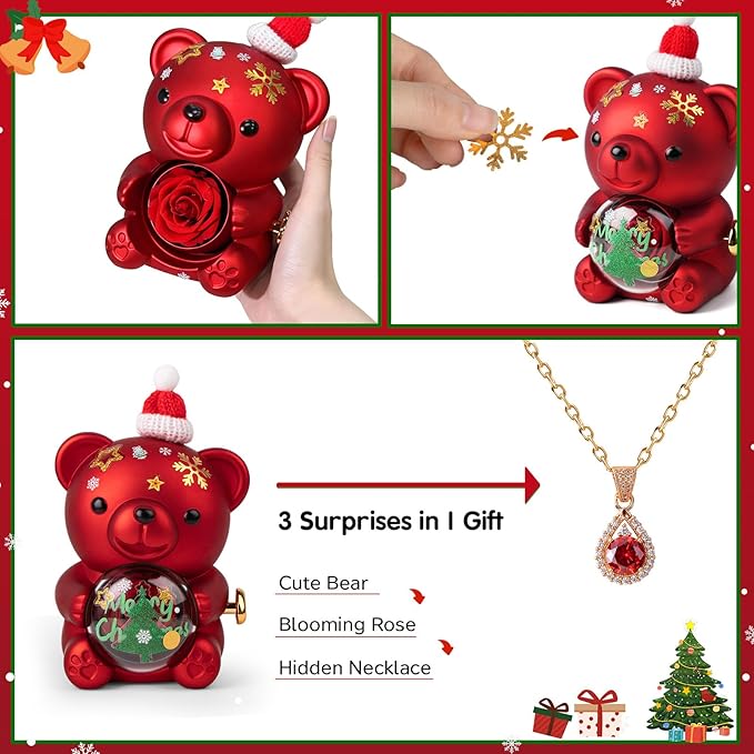 Christmas Teddy Bear with Preserved Rose, DIY Bear Roses Gift Set with Hidden Jewelry Box, Santa Hat & Stickers, for Women, Girlfriend, Wife, Forever Eternal Rose Flower Decor