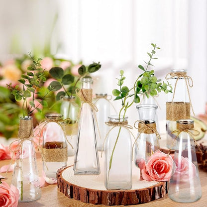 MDLUU Clear Glass Bud Vase in Bulk, 10Pcs Assorted Decorative Glass Bottles with Rope, Different Sizes Vintage Jar for Wedding Centerpiece, Party, Reception Table, Home Decor