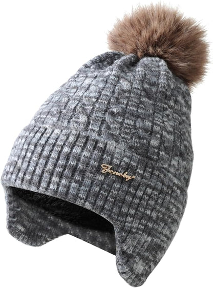 FENELY Women's Knitted Warm Beanie Winter Hat, Warm Chunky Snow Hat with Pompom