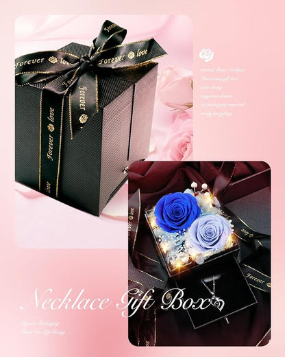 Birthday Gifts for Women, Preserved Real Roses with Heart Necklace I Love You in 100 Languages, Romantic Anniversary Wedding Christmas Gifts for Women Her Girlfriend Wife, 2 Blue Forever Roses Necklace Gift Box