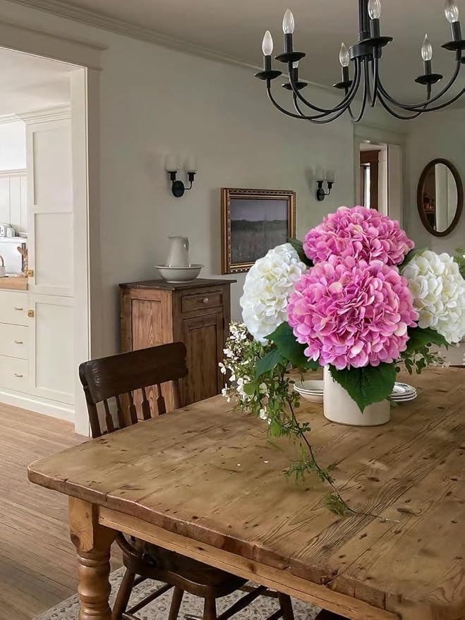 YalzoneMet 4Pcs White Silk Hydrangeas Artificial Flower Natural Lifelike Big Blooms 20'' Long Stem Faux Hydrangea Flower Bouquets for Home Party Indoor Outdoor Wedding Table Centerpiece Decor