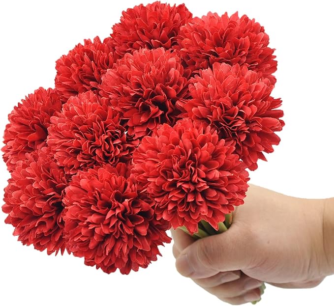 10Pcs Artificial Fake Flower Plants Silk Chrysanthemum Ball Hydrangea Arrangements Wedding Bouquets Decor Home Kitchen Garden Party Table Floral Centerpieces DIY (Red)