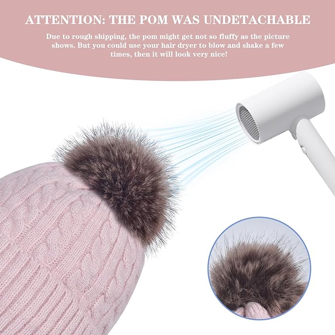 FENELY Women's Knitted Warm Beanie Winter Hat, Warm Chunky Snow Hat with Pompom