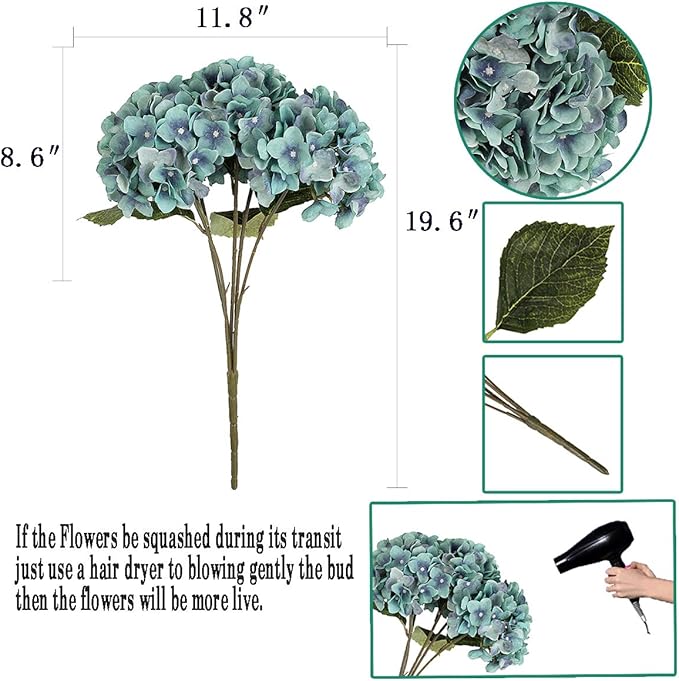2Bouquets Artificial Fake Flowers Plants Silk Hydrangea Arrangements Wedding Bouquets Decorations Plastic Floral Home Kitchen Garden Party Festival Bar DIY (Acid Blue,5Flower Heads)