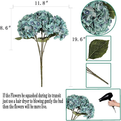 2Bouquets Artificial Fake Flowers Plants Silk Hydrangea Arrangements Wedding Bouquets Decorations Plastic Floral Home Kitchen Garden Party Festival Bar DIY (Acid Blue,5Flower Heads)