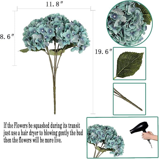 2Bouquets Artificial Fake Flowers Plants Silk Hydrangea Arrangements Wedding Bouquets Decorations Plastic Floral Home Kitchen Garden Party Festival Bar DIY (Acid Blue,5Flower Heads)