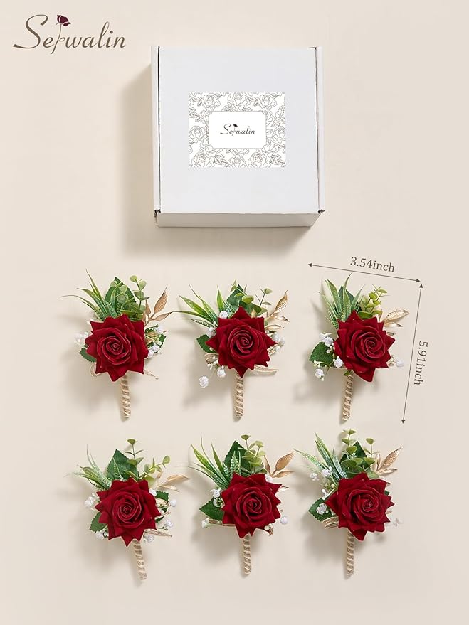 Serwalin 6PCS Red Rose Boutonniere for Men Wedding Groom Groomsmen Best Man Boutonniere for Wedding Ceremony Anniversary Prom Flowers Formal Dinner Party, Red