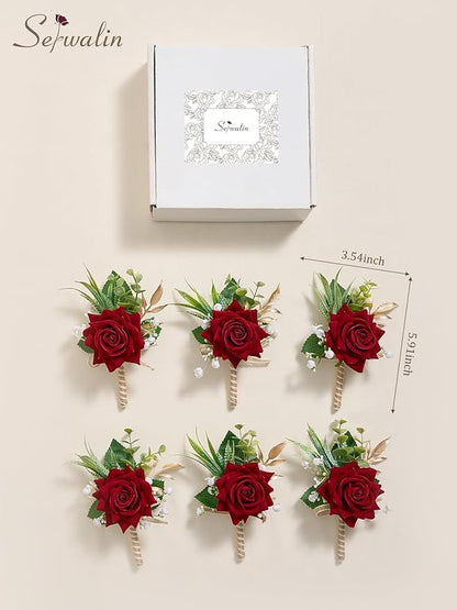 Serwalin 6PCS Red Rose Boutonniere for Men Wedding Groom Groomsmen Best Man Boutonniere for Wedding Ceremony Anniversary Prom Flowers Formal Dinner Party, Red