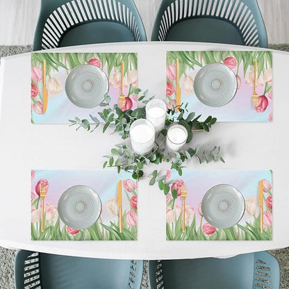 PVC Placemats Set of 1 Flower Tulip Pink Wipeable Table Mats Washable Heat Resistant Non Slip Vinyl Dining Table Mat for Kithen Indoor Outdoor Patio Farmhouse Place Mats Decorative