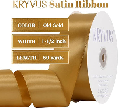 Old Gold Satin Ribbon, Double Faced 1-1/2 Inch X 50 Yards Old Gold Ribbon, Premium Satin Ribbon for Gift Wrapping, Crafts, Hair Bow Making, Sewing, Flower Bouquet, Wedding Party Decor