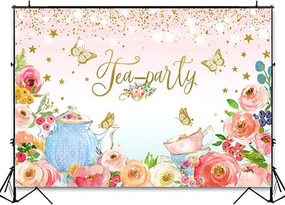 Pink Floral Tea Party Backdrop Glitter Gold Dots Butterfly Lets Partea Photography Background for Women Birthday Bridal Baby Shower Decorations Girls Wonderland Party Banner Photo Booth Supplies 8x6ft