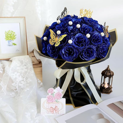 Glitter Roses Bouquet, Shiny Artificial Roses Flowers with Stems DIY Fake Glitter Flowers Bouquet for Valentine's Day, Mother's Day, Anniversary, Graduation, Birthday, Wedding, 36 Roses (Blue)