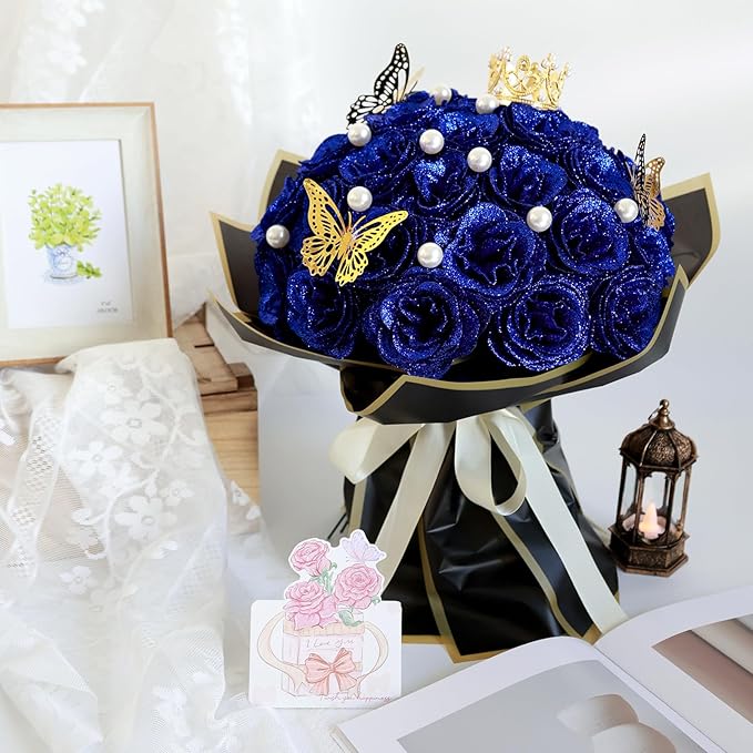 Glitter Roses Bouquet, Shiny Artificial Roses Flowers with Stems DIY Fake Glitter Flowers Bouquet for Valentine's Day, Mother's Day, Anniversary, Graduation, Birthday, Wedding, 24 Roses (Blue)