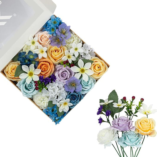 FANKO Artificial Flowers Fake Silk Rose, Mixed Combo Orange Rose Flowers Dark & Light Blue Cream Roses Delicate Blooms Set for Wedding Bridal Bouquets/Centerpieces/Home Decorations