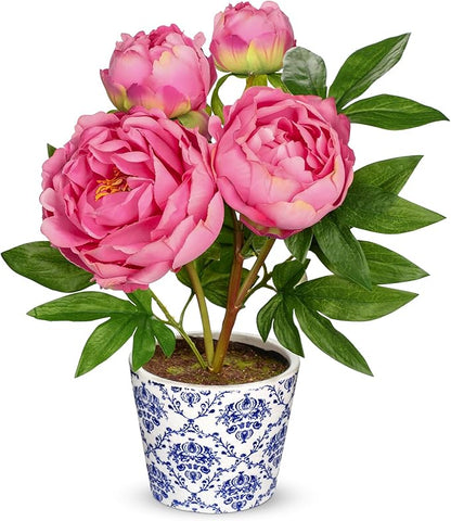 Briful Faux Peony Flowers in Blue and White Ceramic Pot – 13.8" Realistic Silk Peonies Artificial Peony Floral Arrangement Fake Potted Peony Flowers for Home Office Room Desk Shelf Decoration(Pink)