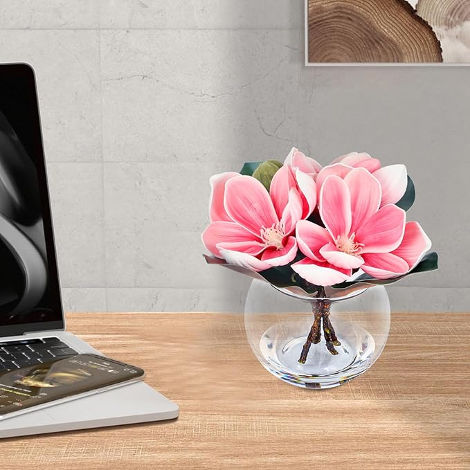 Artificial Magnolia Flower in Glass Vase, Fake Flowers with Faux Water for Realistic Look, Small Potted Plant for Home Desk, Bathroom, Office Shelf Table Centerpiece Decor(Pink)