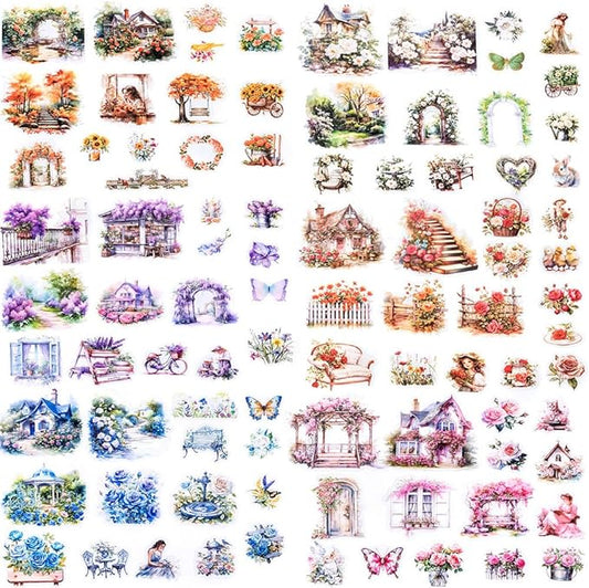 180pcs PET Garden Landscape Scrapbook Paper Journaling Sticker Flower Stickers for Scrapbooking Vintage Stickers Aesthetic Flowers Floral Sticker Pack Junk Journal Decorative Paper Scrapbook Supplies
