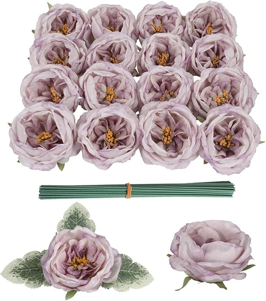 16pcs Peonies Artificial Flowers Head Light Purple Austin Roses Vintage Burnt Flowers Silk Rose Head with Stems for DIY Flower Wedding Bouquets Centerpieces Home Decoration (Light Purple)