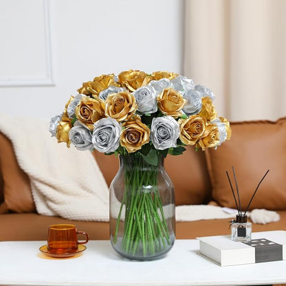 Tifuly Roses Artificial Flowers - 12 pcs Realistic Long Stems Fake Roses Mashup Style Silk Flowers for DIY Bouquets Wedding Centerpieces Arrangements Home Party Decor（Gold & Sliver）