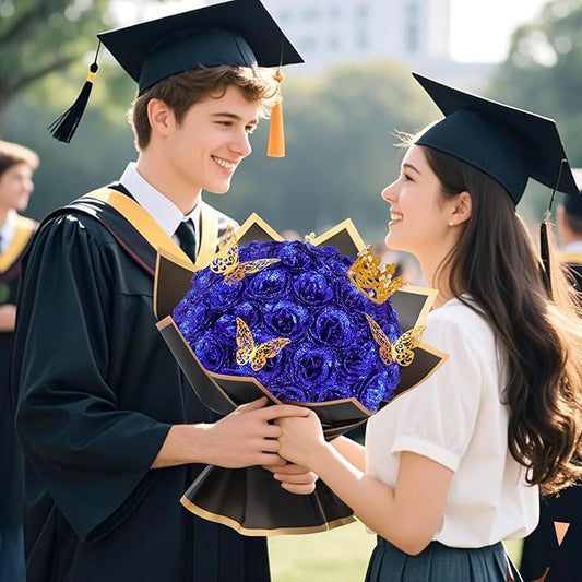 36+20 Glitter Roses Bouquet, DIY Fake Flowers Bouquet, Craft The Initials of Your Loves' Name with Artificial Rose Bouquet for Valentines, Anniversary, Wedding, Blue & White