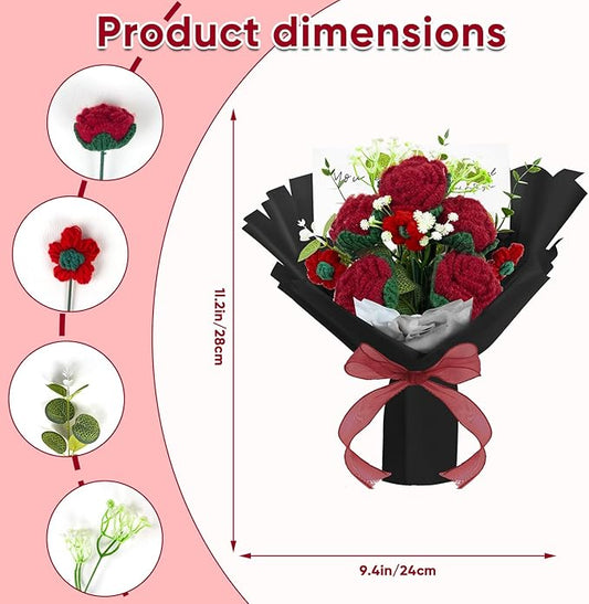 Crochet Flowers Bouquet Handmade Knitted Crochet Flower Bouquet with Rose Artificial Crochet Flower for Mothers Day, Teacher, Valentines, Birthday Home Table Desk Decoration