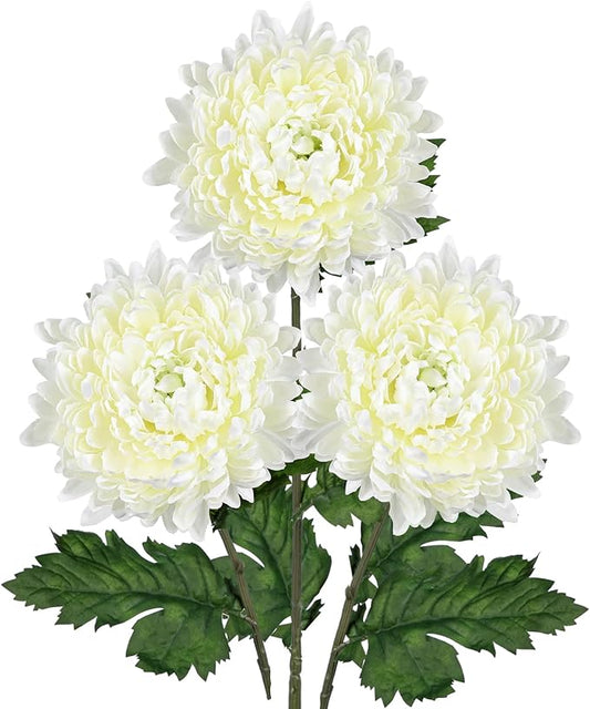 Hollyone 3Pcs Fake Mums Flowers White Artificial Chrysanthemum Flowers Silk Long Stem Floral Arrangements Bouquets Faux Spider Mum Flower Pincushion Flower Bush Spring Home Decor