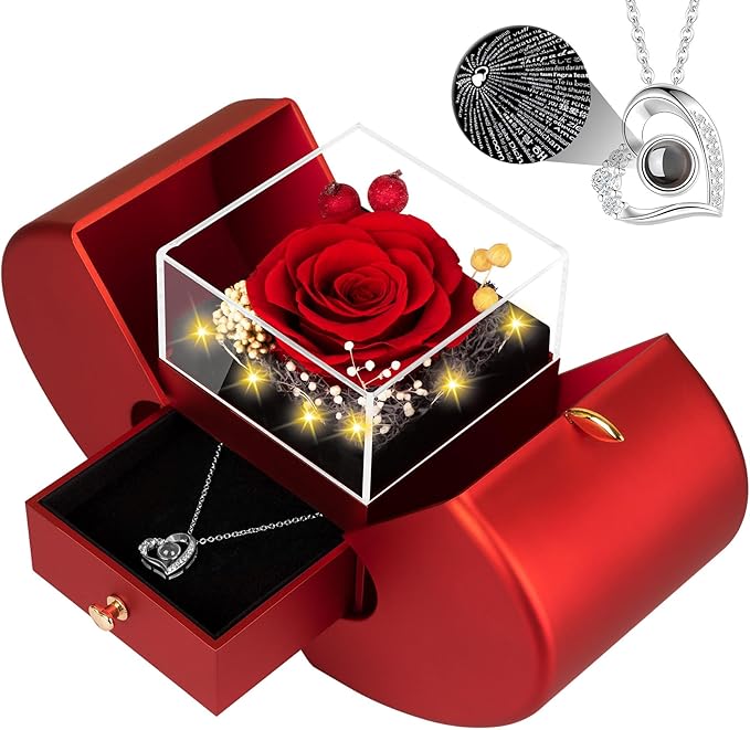 Preserved Red Real Rose with I Love You Necklace, Birthday Gifts for Women Her Mom Wife Girlfriend Grandma Christmas Anniversary Romantic-Red