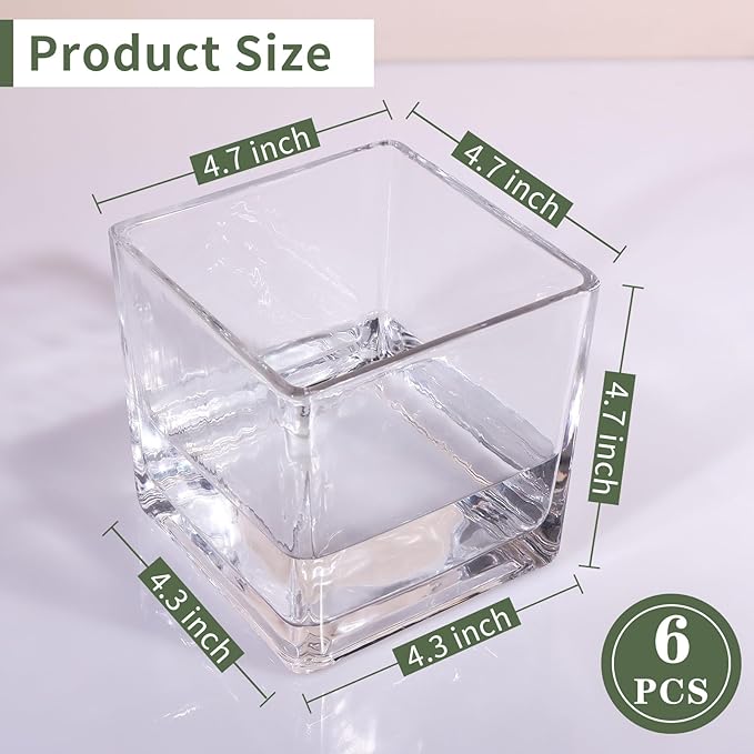 6 Pack Square Glass Vases 5 x 5 x 5 Inch, Clear Cube Flower Vases for Centerpieces, Candle Holders for Wedding Party Home Decor