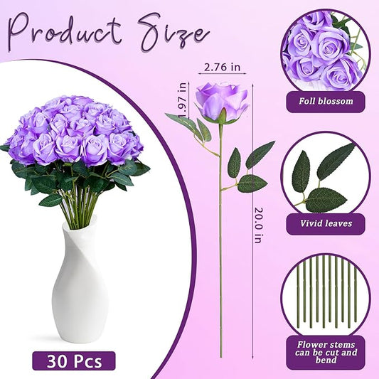 30pcs Fake Roses Artificial Silk Flowers Long Stems Bouquet for Wedding Bridal Shower Party Home Decoration (Purple)