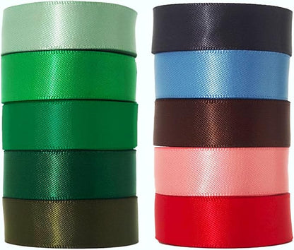 5/8 Inch Satin Ribbon Pack, 50 Yards Double Faced,10 Colored Green Ribbon Bulk for Gift Wrapping, Flower Bouquet, Crafts, Christmas, Easter, Earthy Day, Forest Wedding