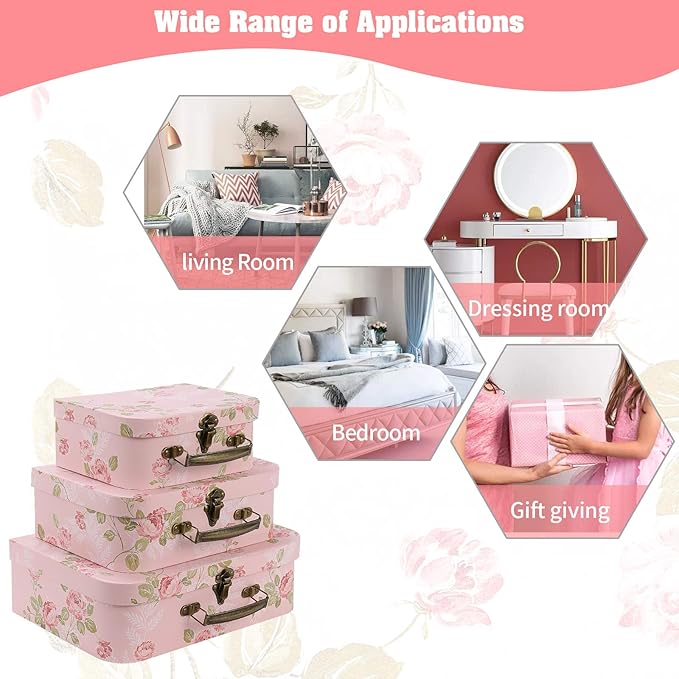 Set of 3 Paperboard Suitcases Storage Box Storage Gift Boxes With Lids for Photo Storage Home Decoration, Wedding, Birthday, Anniversary and New Year Gift Decoration (3Pcs, Pink Flowers)