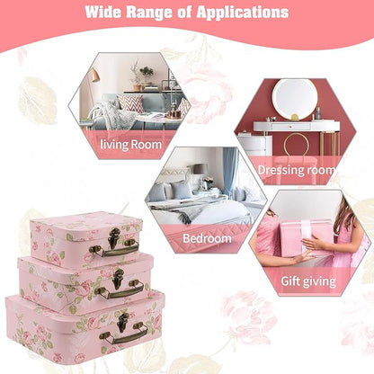 Set of 3 Paperboard Suitcases Storage Box Storage Gift Boxes With Lids for Photo Storage Home Decoration, Wedding, Birthday, Anniversary and New Year Gift Decoration (3Pcs, Pink Flowers)