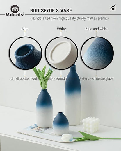 Blue and White Vase Set Navy Blue Decor Coastal Decor Vases for Kitchen Island Living Room Office Table Fireplace Mantle Decorations & Bathroom Shelf Decor Centerpiece Table Decorations Ceramic