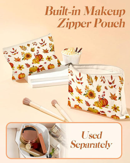 2 Pack Canvas Tote Bag - with Makeup Pouch Aesthetic Cute Women Reusable Canvas Bag for Shopping, Work, Travel
