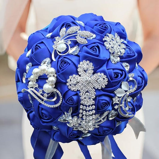 S_SSOY Customizable Romantic Wedding Bouquets Silk Flowers Bridal Holding Roses Bride Bridesmaid Brooch Bouquet with Pearl Diamond Crystal Ribbon Valentine's Day with Free Corsage (Blue)