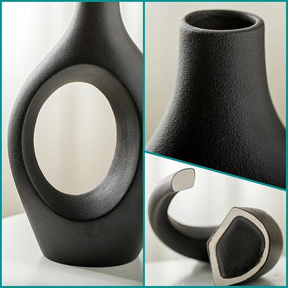 Levvohd XL Black Ceramic Vase Set of 2 for Modern Home Decor, Neutral Boho Round Donut Pampas Grass Vases, Nordic Aesthetic Vase, for Living Room Coffee Table Fire Place Book Style Shelf (H 11.1")