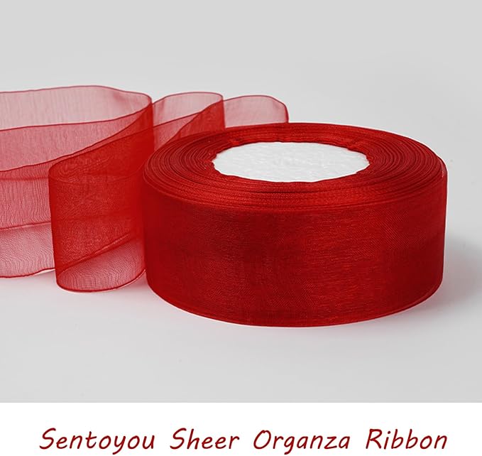 Red Ribbon for Gift Wrapping, 1 inch 50Yard Sheer Organza Tulle Ribbon for Flower Bouquet, Red Gifts Wrap Chiffon Ribbons for Hair, Craft, Wedding, Valentines Day, Mothers Day, Christmas